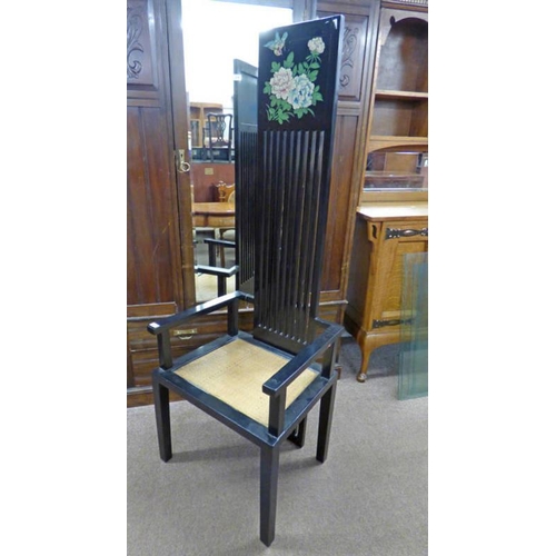 527 - RENNIE MACKINTOSH STYLE BLACK LACQUER TALL BACK ARMCHAIR WITH PAINTED BIRD & FLOER DECORATION ON SQU... 