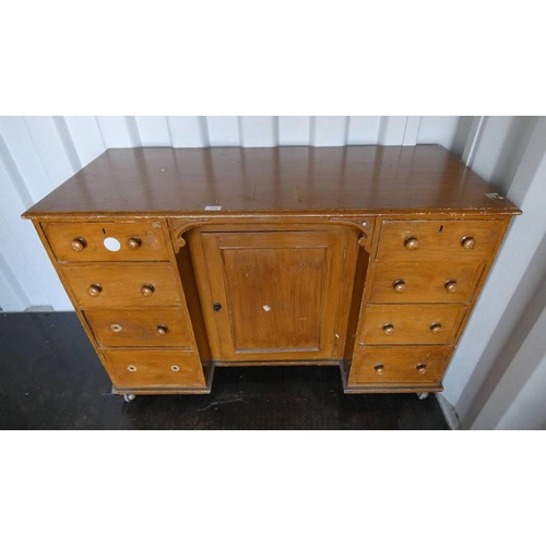 68 - LATE 19TH/EARLY 20TH CENTURY PINE DESK WITH CENTRAL PANEL DOOR FLANKED EACH SIDE BY 4 DRAWERS, LENGT... 