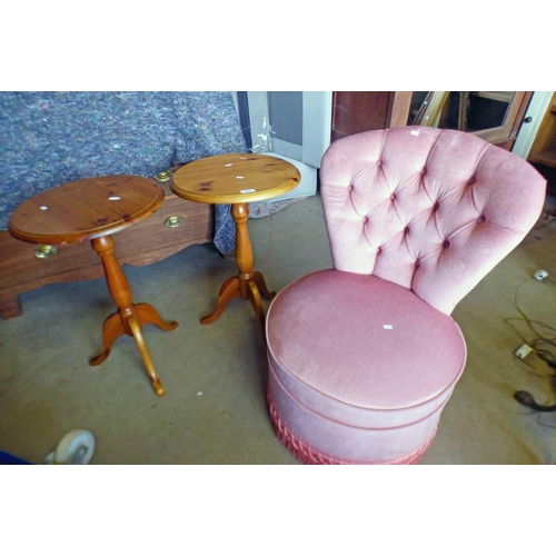 71 - PAIR OF PINE CIRCULAR OCCASIONAL TABLES AND BUTTON BACK CHAIR