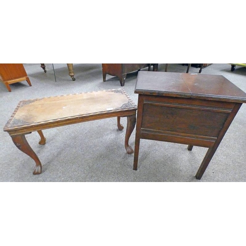 74 - EARLY 20TH CENTURY OAK SEWING BOX ON SQUARE SUPPORTS & CARVED MAHOGANY TABLE ON BALL & CLAW SUPPORTS