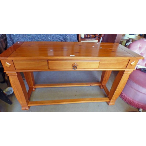 79 - PINE HALL TABLE WITH SINGLE DRAWER ON SQUARE SUPPORTS 126 CM LONG