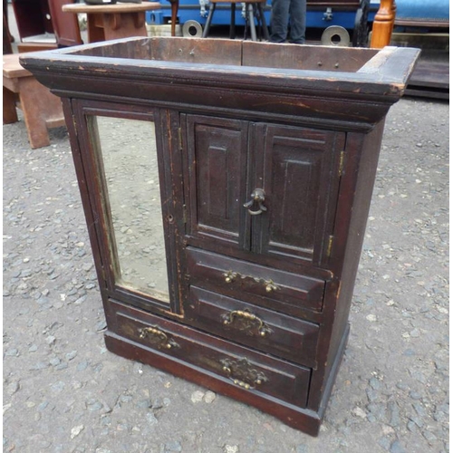 84 - LATE 19TH/EARLY 20TH CENTURY APPRENTICE CABINET WITH MIRROR DOOR, PANEL DOORS & DRAWERS, HEIGHT 39CM