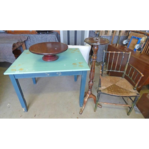 99 - PAINTED KITCHEN TABLE, MAHOGANY PLANT STAND WITH 3 SPREADING SUPPORTS ETC