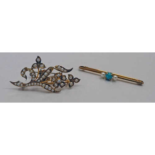 104 - EARLY 20TH CENTURY SEED PEARL SET FLORAL SPRAY BROOCH AND A 9CT GOLD PEARL & TURQUOISE BROOCH - 5.9 ... 