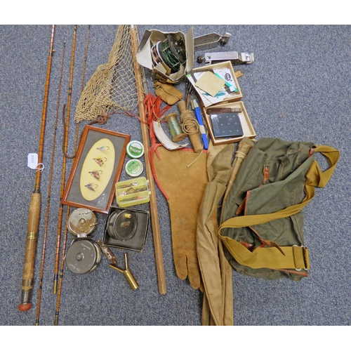 1171 - VARIOUS HOOKS, LURES, FISHING REELS, THE GORDON 3' 14'' BY SHARPES ABERDEEN, 3 PART HEXACANE SPLIT C... 