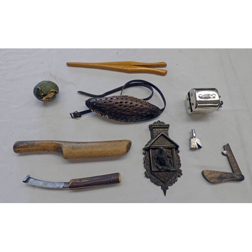 1192 - BLOOD LETTING FLEAM, HOOF KNIFE / TOOL, CLEMENTS NEWLAG & CO. GLOVE STRETCHER, PUNCH GAS LIGHTER, SA... 