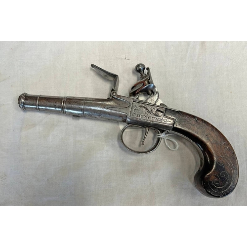 1199 - 18TH CENTURY QUEEN ANNE FLINTLOCK POCKET PISTOL BY J. DUNCUMB WITH 8CM LONG TURN OFF CANNON BARREL W... 