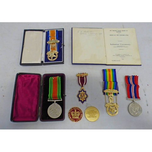 1248 - WW2 DEFENCE AND 1939-45 MEDALS ALONG WITH 2 GILT SILVER MEARNS CHAPTER NO 184 MEDALS TO SISTER ELMA ... 