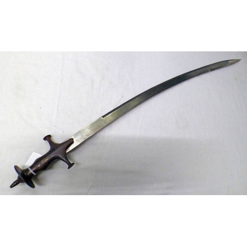 1484 - INDIAN TULWAR WITH 71CM LONG CURVED STEEL BLADE WITH NIELLO DECORATION DISC POMMELED STEEL HILT