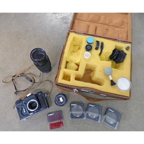 1492 - ZENIT-E CAMERA WITH STRAP, CANON ZOOM FD 70-210MM LENS, TOKINA EL 28MM LENS, & VARIOUS CAMERA & LENS... 