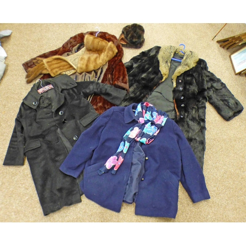 1682 - 2 WOMEN'S FUR COATS, HAT & FUR STOLE, 2 WOMEN'S WOOL BLEND COATS & A SCARF