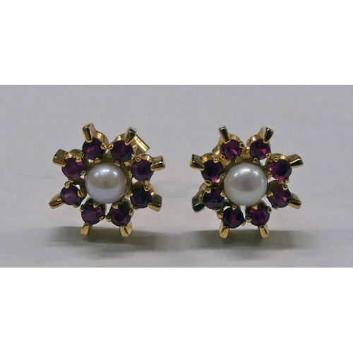 248 - PAIR OF 9CT GOLD PEARL & GARNET STARBURST EARSTUDS - 12.6 CM DIAMETER, 2.9 G