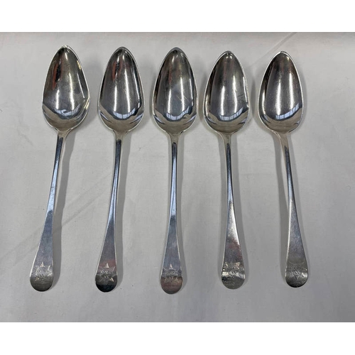 250 - SET OF 5 GEORGE III SILVER TABLESPOONS WITH MILITARY REGIMENTAL CRESTS TO TERMINALS BY JOHN LONGLAND... 