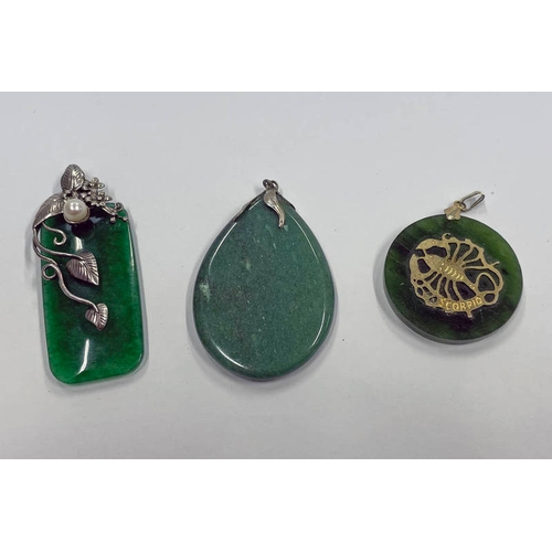 258 - 925 SILVER MOUNTED GREEN HARDSTONE PENDANT WITH PEARL DECORATION AND 2 OTHERS SIMILAR.