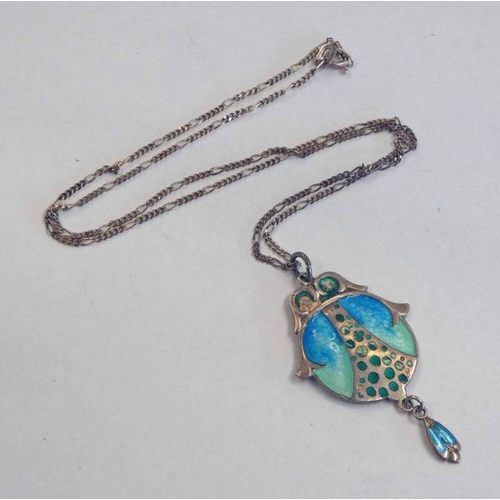 261 - ART NOUVEAU PALE GREEN & BLUE ENAMEL DECORATED SILVER PENDANT ON CHAIN BY JAMES FENTON, BIRMINGHAM 1... 