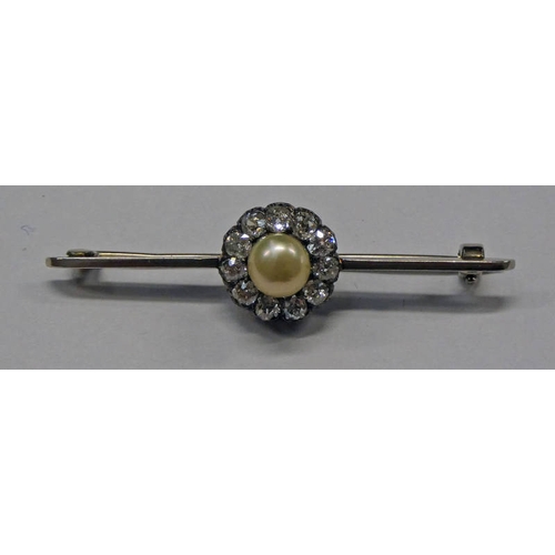 264 - LATE 19TH CENTURY PEARL & DIAMOND CLUSTER BAR BROOCH, THE CENTRAL PEARL APPROX 6.8MM SET WITHIN A SU... 