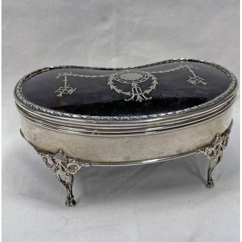 270 - SILVER & TORTOISESHELL KIDNEY SHAPED JEWELLERY BOX WITH PIQUE WORK DECORATION TO LID ON 4 SHAPED SUP... 