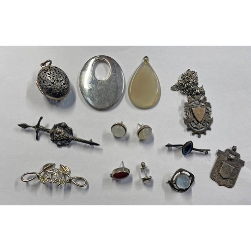 272 - SCOTTISH SILVER ART NOUVEAU BROOCH, 2 SILVER FOBS, 925 SILVER PIERCED LOCKET ART NOUVEAU BROOCH ETC