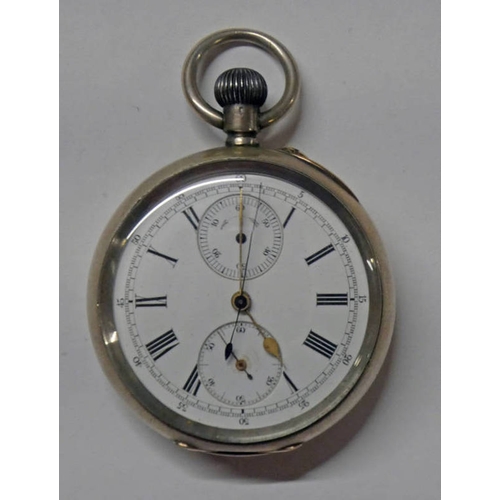 611 - SWISS 935 SILVER CHRONOGRAPH POCKETWATCH WITH SWEEP SECOND HAND & SUBSIDIARY DIALS