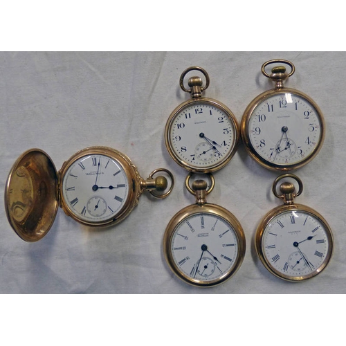 673 - WALTHAM HUNTER AND 4 OPENFACED GOLD PLATED POCKET WATCHES