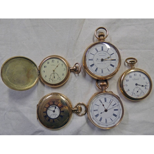 674 - VARIOUS GOLD PLATED POCKET WATCHES: 2 CHRONOMETERS, HALF HUNTER & 2 OPEN FACE EXAMPLES