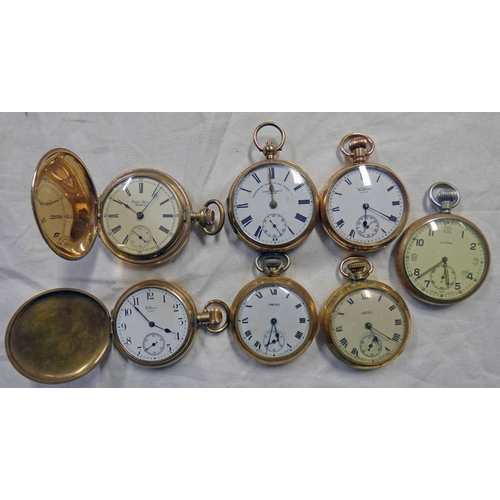 676 - 2 HUNTER AND 5 OPENFACED GOLD PLATED POCKET WATCHES INCLUDING SMITHS, WALTHAM & OTHERS