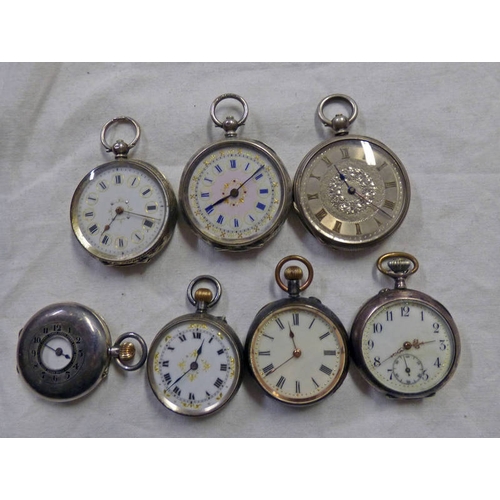 678 - HALF HUNTER AND 6 OPENFACED CONTINENTAL SILVER FOB WATCHES