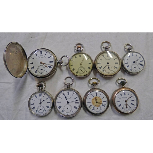 682 - HUNTER AND OPENFACED SILVER WATCHES, 5 OPENFACED CONTINENTAL SILVER POCKET WATCHES AND OPENFACED POC... 