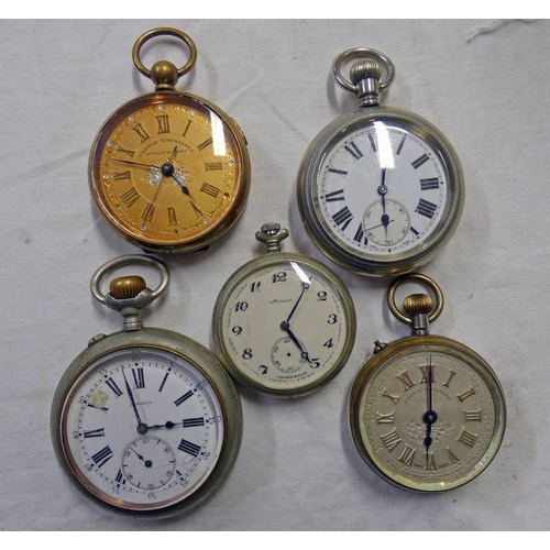 684 - 5 OPENFACED POCKET WATCHES INCLUDING SEKONDA, RAILWAY TIMESKEEPER & OTHERS.