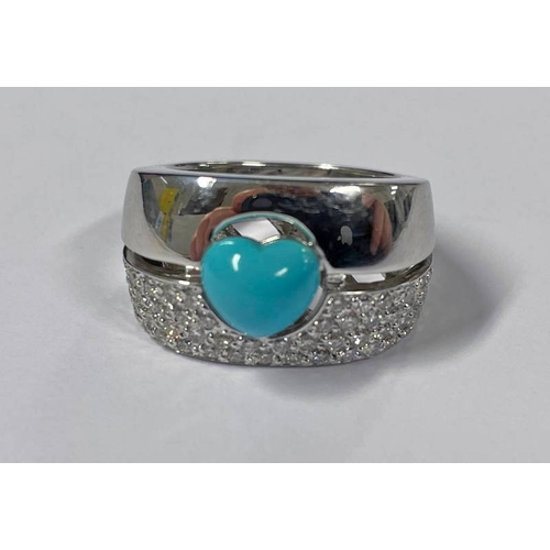 84 - WHITE GOLD TURQUOISE & DIAMOND SET RING SET WITHIN A HEART SHAPED TURQUOISE - 13.1G