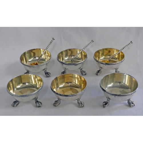 91 - SET OF 6 VICTORIAN SILVER CIRCULAR SALTS WITH GILT INTERIOR ON BALL & CLAW FEET & 3 SPOONS BY CHAWNE... 