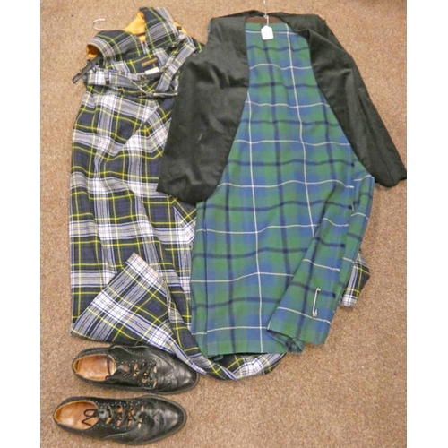 1692 - TWO TARTAN SKIRTS WITH WAISTCOATS AND A PAIR OF SHOES