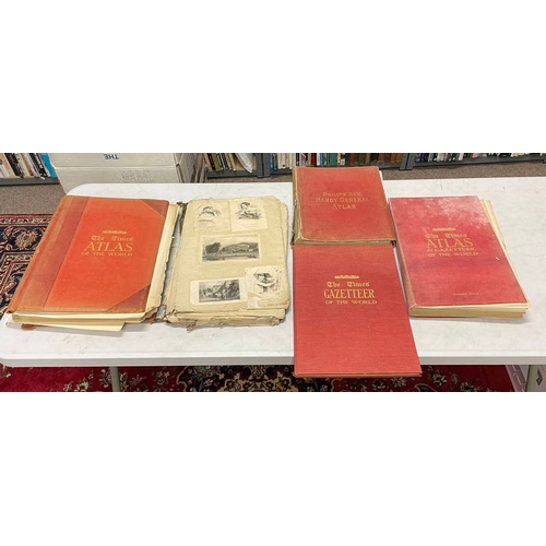 2199 - HALF LEATHER BOUND SCRAP BOOK CONTAINING VARIOUS BOOK PLATES, PRINTS, DRAWINGS, ETC, AND 4 ATLASES -... 