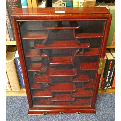 5012 - CHINESE HARDWOOD DISPLAY CABINET WITH GLAZED PANEL DOOR . 63CM TALL X 41 CM WIDE