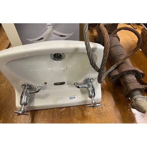 6024 - CAST IRON WATER PUMP, STEEL CABLE AND ARMITAGE SHANKS SINK