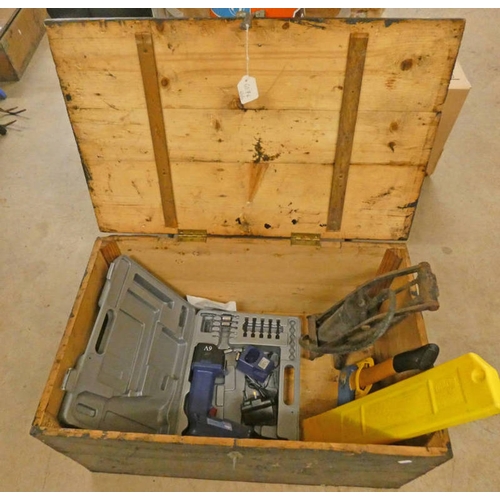 6076 - WOODEN TOOL CHEST WITH DRILL, AXE ETC