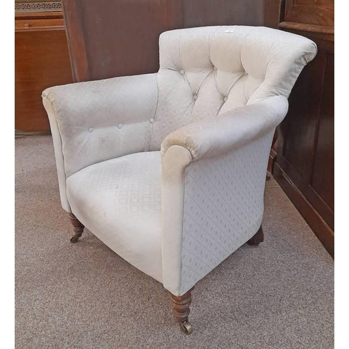 1 - 19TH CENTURY OVERSTUFFED BUTTON BACK ARMCHAIR ON TURNED SUPPORTS STAMPED 14?59, 3997, HOWARD & SONS ... 