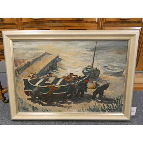 1001 - ANNETTE JEAN STEPHEN - (ARR)  JIM'S BOAT, CATTERLINE  SIGNED FRAMED OIL PAINTING 69 CM X 46 CM