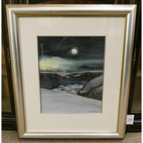 1003 - ANNETTE JEAN STEPHEN - (ARR)  'MOONLIT SNOW TOWARDS TODHEAD' SIGNED FRAMED WATER COLOUR 36 CM X 44 C... 