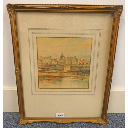 1007 - JOHN LAW STONEHAVEN HARBOUR SIGNED GILT FRAMED WATERCOLOUR 21 X 21 CM