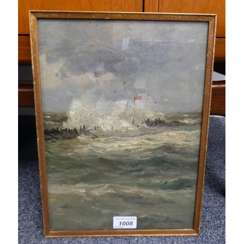 1008 - EINAR FROM (1872-1972),  ROUGH SEAS,  SIGNED,  GILT FRAMED OIL PAINTING,  32 X 23 CM