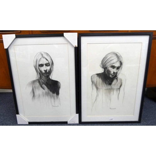 1021 - 2 FRAMED PORTRAITS OF A YOUNG LADY SIGNED PAULINE G, 59 X 40 CM