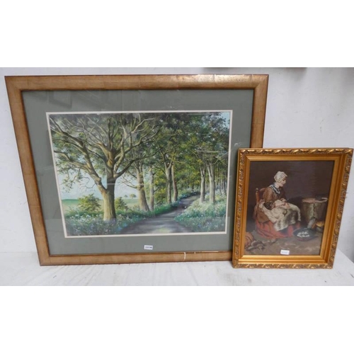 1023M - FRAMED WATERCOLOUR PATHWAY THROUGH THE WOOD UNSIGNED 54CM X 2CM, & GILT FRAMED TAPESTRY