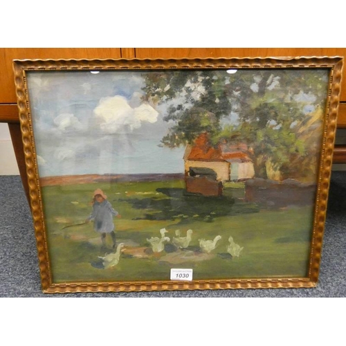 1030 - MARGARET ISOBEL WRIGHT THE GOOSE GIRL SIGNED TO REVERSE GILT FRAMED OIL PAINTING 34 X 45 CM