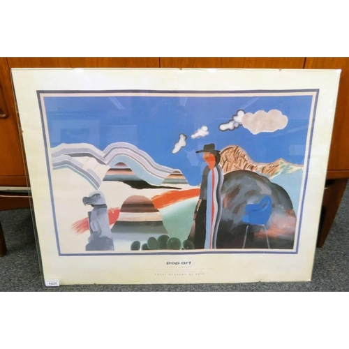 1031 - DAVID HOCKNEY, ROCKY MOUNTAINS & TIRED INDIANS 1965, UNFRAMED POP ART PRINT, & 2 OTHER PRINTS OF MAN... 