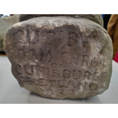 1369 - ADAM CHRISTIE,  BUST OF A SMILING MAN,  SIGNED & DATED SHETLAND 1937,  CARVED STONE FIGURE  33CM TAL... 