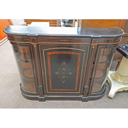 212 - 19TH CENTURY EBONISED CREDENZA WITH GILT ORMOLU MOUNTS, BURR WALNUT CROSSBANDING, & PANEL DOOR FLANK... 