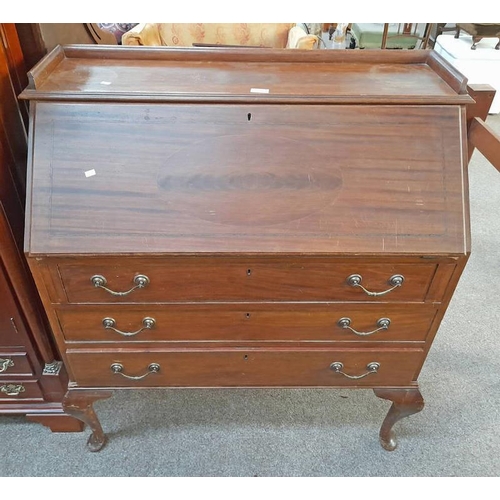 236 - INLAID MAHOGANY BUREAU WITH FALL FRONT OVER 3 DRAWERS & QUEEN ANNE SUPPORTS, 105CM TALL