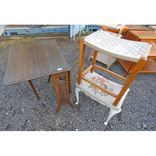 237 - MAHOGANY SUTHERLAND TABLE, STOOL WITH ROPEWORK TOP ETC