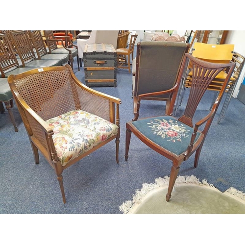 24 - LATE 19TH CENTURY BEECH FRAMED BERGERE OPEN ARMCHAIR ON SPLAYED SUPPORTS & INLAID MAHOGANY OPEN ARMC... 